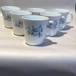 VINTAGE CORELLE CORNING COFFEE MUGS COLONIAL MIST SET OF 6 BLUE FLORAL PRINT