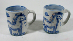 2 VINTAGE MA HADLEY POTTERY STONEWARE COFFEE CUP MUGS  ~ HORSE 