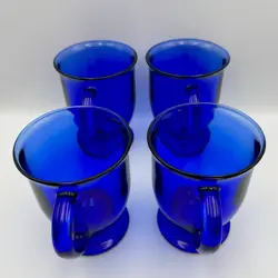 FOUR ANCHOR HOCKING COFFEE TEA MUGS COBALT BLUE GLASS FOOTED VINTAGE