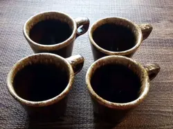 4 VINTAGE HULL POTTERY COFFEE CUP MUG BROWN DRIP GLAZE OVEN PROOF MADE IN USA