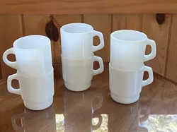 6 VINTAGE FIRE KING ANCHOR HOCKING WHITE COFFEE CUPS STACKING