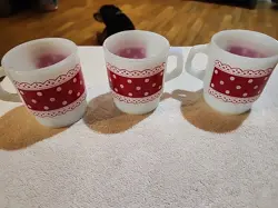 VINTAGE FIRE KING ANCHOR HOCKING RED POLKA DOT LACE 3 MILK GLASS MUG SET