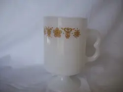 VINTAGE CORELLE PYREX BUTTERFLY GOLD PEDESTAL FOOTED IRISH COFFEE MUG MILK GLASS
