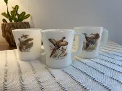3 PIECE VINTAGE FIRE KING GAME BIRDS COFFEE MUGS D-HANDLE MILK GLASS