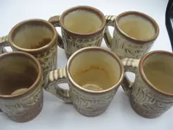 SET OF 6 VINTAGE FRANKOMA POTTERY COFFEE MUGS 7C MAYAN AZTEC DESERT GOLD  CUPS