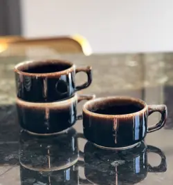 SET OF 3 VINTAGE PFALTZGRAFF GOURMET BROWN DRIP GLAZE COFFEE CUP