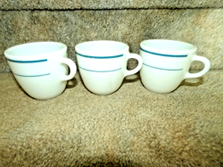3 VINTAGE PYREX CAFETERIA MESS HALL 723 MILK GLASS TEAL BLUE STRIPE BAND MUGS