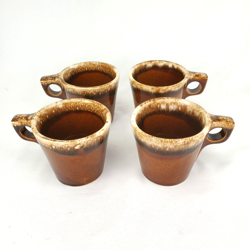 SET OF 4 VINTAGE HULL OVEN PROOF POTTERY BROWN DRIP GLAZE COFFEE CUPS MUGS USA