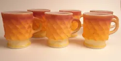 SET OF 6 VINTAGE ANCHOR HOCKING FIRE KING KIMBERLY ORANGE DIAMOND COFFEE MUG CUP