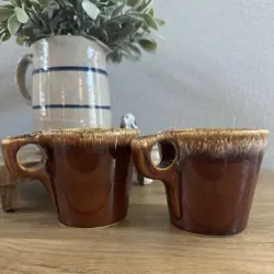 2 VINTAGE HULL USA BROWN DRIP GLAZE POTTERY COFFEE TEA MUGS