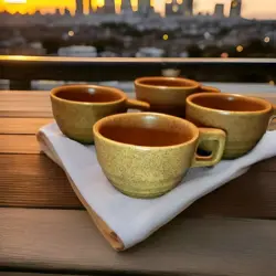 VTG MONMOUTH MAPLE LEAF SPECKLED BROWN POTTERY MUGS SQUARE HANDLE SET OF 4 USA