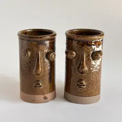 2 VINTAGE UGLY FUNNY 3D FACE MUG ART POTTERY CUP STONEWARE COFFEE EXPRESSO MUG