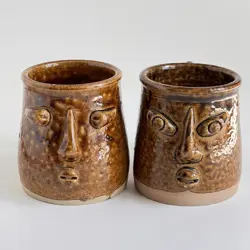 2 VINTAGE UGLY FUNNY 3D FACE MUG ART POTTERY CUP STONEWARE COFFEE TEA MUG