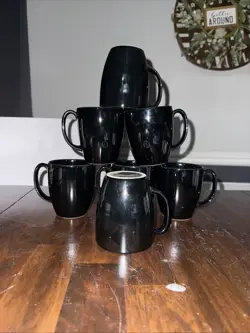 SET OF 7 VINTAGE BLACK CORELLE STONEWARE COFFEE TEA MUGS CUPS THAILAND