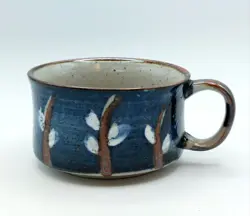 VINTAGE OTAGIRI PUSSYWILLOW BLUE SPECKLED POTTERY SOUP BOWL/DRINK MUG JAPAN