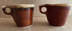 VINTAGE HULL POTTERY OVEN PROOF USA BROWN DRIP GLAZE COFFEE MUGS CUPS SET OF 2
