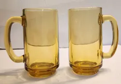 VINTAGE 1950'S HAZEL ATLAS AMBER GLASS D-SHAPED HANDLE MUG SET OF 2