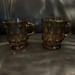 VINTAGE ANCHOR HOCKING FIRE KING AMBER BROWN DIAMOND KIMBERLY MUGS LOT OF 2