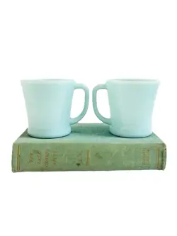 2 VTG FIRE-KING OVEN WARE DELPHITE AQUA BLUE MILK GLASS D-HANDLE MUG MCM