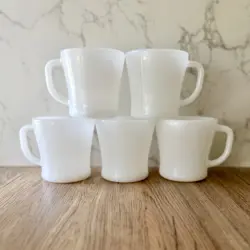 SET OF 5 VINTAGE WHITE FEDERAL COFFEE CUPS MUGS MILK GLASS D HANDLE