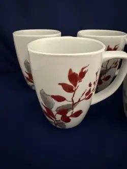 CORELLE COORDINATES KYOTO LEAVES RED AND GRAY SET OF 4 MUGS VINTAGE