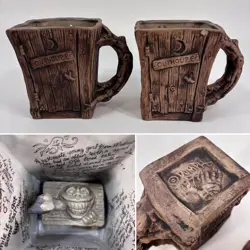 2 X VINTAGE POTTERY 1973 JIM RUMPH ART WHIMSICAL OGRE IN OUTHOUSE TANKARD MUGS