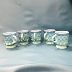 SET OF 5 VINTAGE ANCHOR HOCKING BLUE FIRE KING KIMBERLY COFFEE MUGS DIAMOND