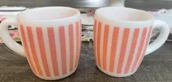 SET OF 2 VTG HAZEL ATLAS CANDY STRIPE ORANGE COFFEE MUG MILK GLASS MCM HTF COLOR