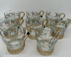 VINTAGE LIBBEY DAVID DOUGLAS PINECONE TURQUOISE TEA COFFEE CUPS MCM SET OF 8