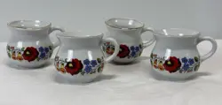 VTG KALOCSA PORCELAIN MUGS *SET OF 4* FLORAL HAND PAINTED HUNGARY GOLD TRIM