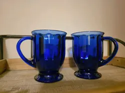 2 VINTAGE LARGE ANCHOR HOCKING COBALT BLUE GLASS COFFEE OR TEA MUGS 16 OZ
