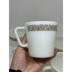 VTG PYREX COFFEE BROWN MILK GLASS MUGS CUPS WOODLAND PATTERN CORNING SET OF 6