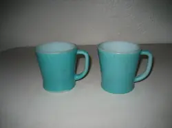 2 VINTAGE FIRE KING GREEN BLUE COFFEE CUP MUG D HANDLE