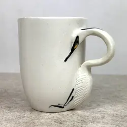 VTG CRANE BIRD HANDLE WHITE COFFEE MUG CUP ART POTTERY CERAMIC SCULPTURE 3D
