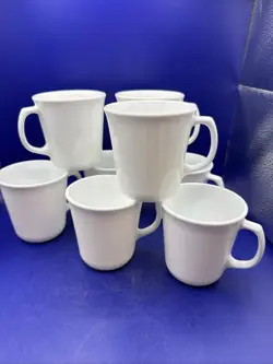 8 PIECE CORNING USA VINTAGE WINTER FROST WHITE D HANDLE COFFEE MUGS TEA CUPS