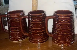 3 MARCREST DAISY DOT BROWN STONEWARE BEER MUGS COFFEE MUGS VINTAGE USA