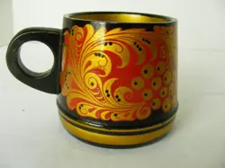 RUSSIAN USSR CUP MUG  LACQUER HAND PAINTED KHOKHLOMA-VINTAGE