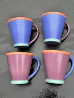 SET OF 4 VINTAGE JULIE SANDERS CYCLAMEN SIGNED CERAMIC POTTERY MUGS