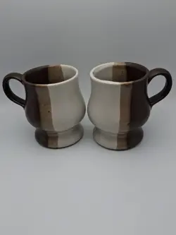 MCCOY USA POTTERY COFFEE MUG SANDSTONE BROWN TAN BAND STRIPE PEDESTAL VINTAGE