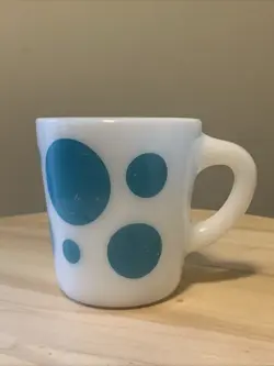 VTG HAZEL ATLAS BLUE DOTS C HANDLE CUP MILK GLASS POLKA DOT COFFEE MUG RETRO A-7