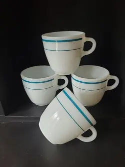 VTG. ANCHOR HOCKING ANCHORWARE 910 TEAL BLUE STRIPE MILK GLASS MUG CUP SET OF 4