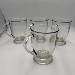 SET OF 4 VTG ANCHOR HOCKING FOOTED BASE CLEAR GLASS HEAVY COFFEE MUG 5IN