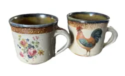 VINTAGE MONROE SALT WORKS MAINE USA POTTERY ROOSTER FLOWERS MUGS SET OF 2