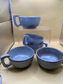 SET 5 VINTAGE FRANKOMA 4SC POTTERY SOUP MUGS BOWLS SQUARE HANDLES  BLUE