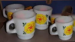 VTG FIRE-KING ANCHOR HOCKING MILK GLASS COFFEE CUP MUG ORANGE YELLOW FLOWERS LOT