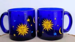 SET OF 2 VINTAGE 90S LIBBEY COBALT BLUE GLASS MUGS CELESTIAL SUN AND MOON