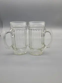 VINTAGE ANCHOR HOCKING VERTICAL RIBBED CLEAR GLASS MUGS STEINS SET OF 2