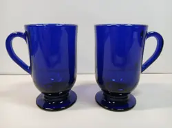 VINTAGE ANCHOR HOCKING COBALT BLUE GLASS FOOTED PEDESTAL MUGS SET OF 2