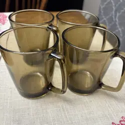 SET OF 4 VINTAGE PYREX 1400 SMOKED AMBER FIRESIDE GLASS COFFEE MUGS CORNING