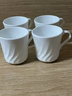 VTG CORNING WARE WHITE SWIRL MUG COFFEE TEA 4 CUPS CORELLE ENHANCEMENTS SET